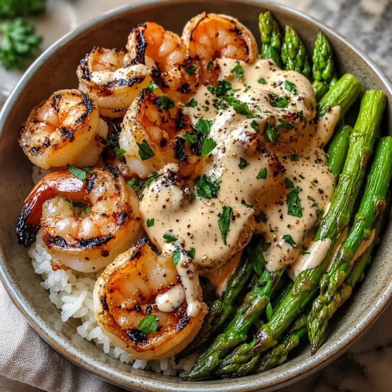 Grilled Shrimp Bowl with Asparagus & Creamy Garlic Sauce