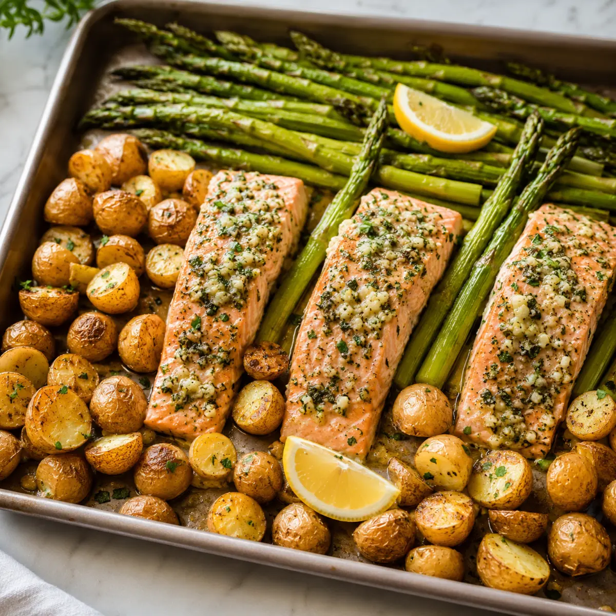 Sheet Pan Garlic Butter Salmon with Roasted Potatoes and Asparagus